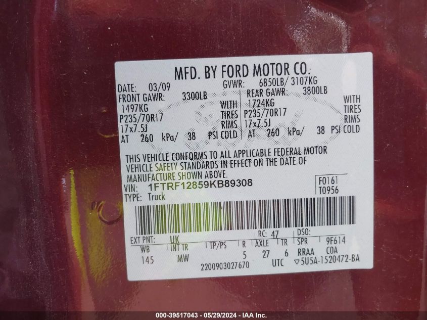 2009 Ford F-150 Xl/Xlt VIN: 1FTRF12859KB89308 Lot: 39517043