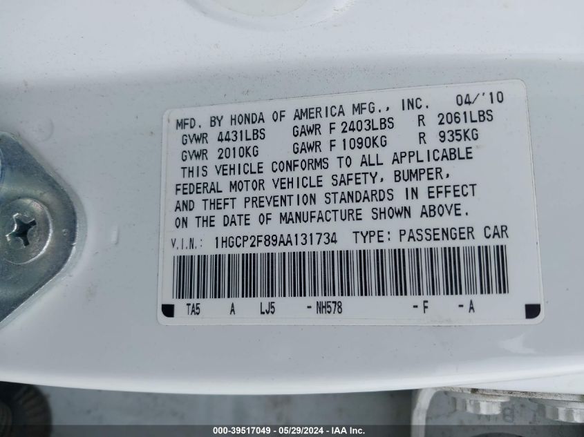 2010 Honda Accord 2.4 Ex-L VIN: 1HGCP2F89AA131734 Lot: 39517049