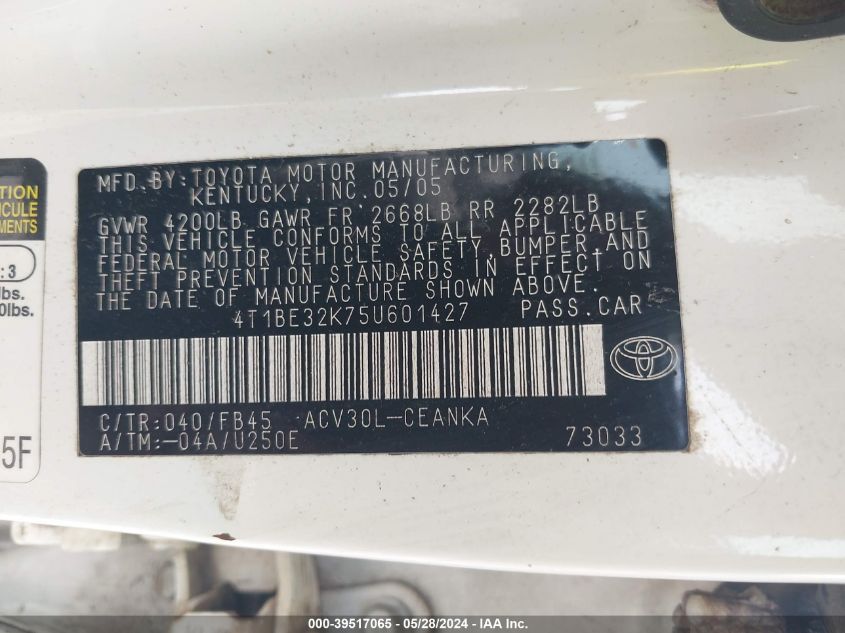 2005 Toyota Camry Le VIN: 4T1BE32K75U601427 Lot: 39517065