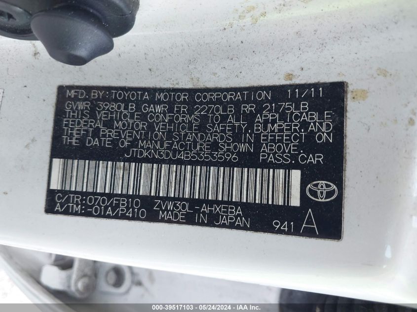 2011 Toyota Prius Two VIN: JTDKN3DU4B5353596 Lot: 39517103