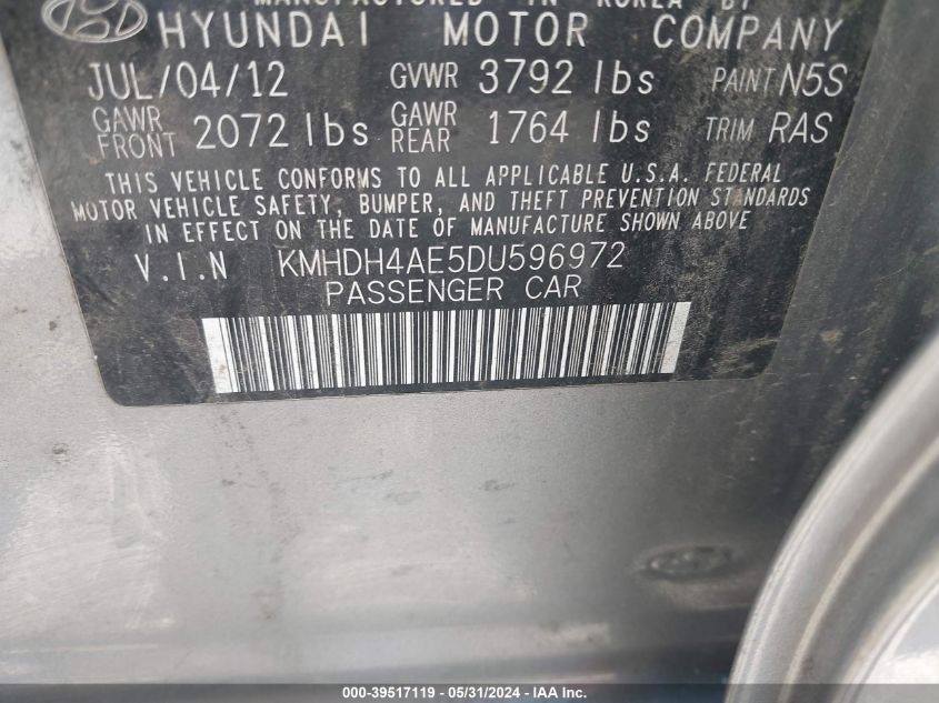 2013 Hyundai Elantra Gls VIN: KMHDH4AE5DU596972 Lot: 39517119