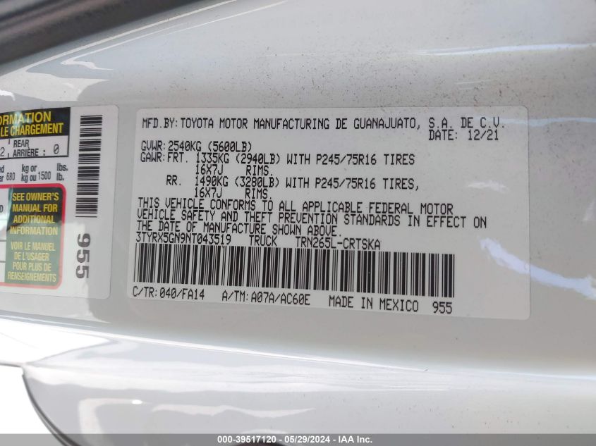 2022 Toyota Tacoma Sr VIN: 3TYRX5GN9NT043519 Lot: 39517120