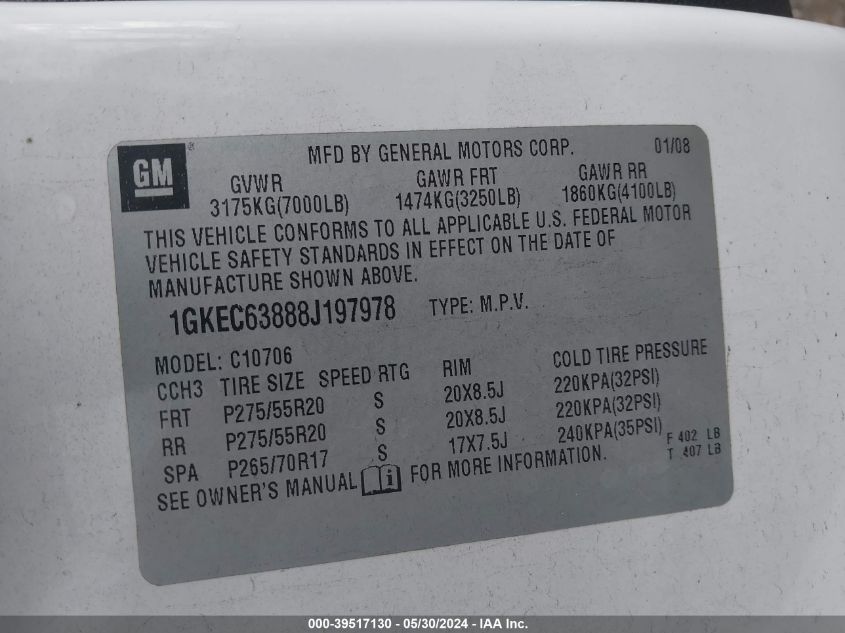 2008 GMC Yukon Denali VIN: 1GKEC63888J197978 Lot: 39517130