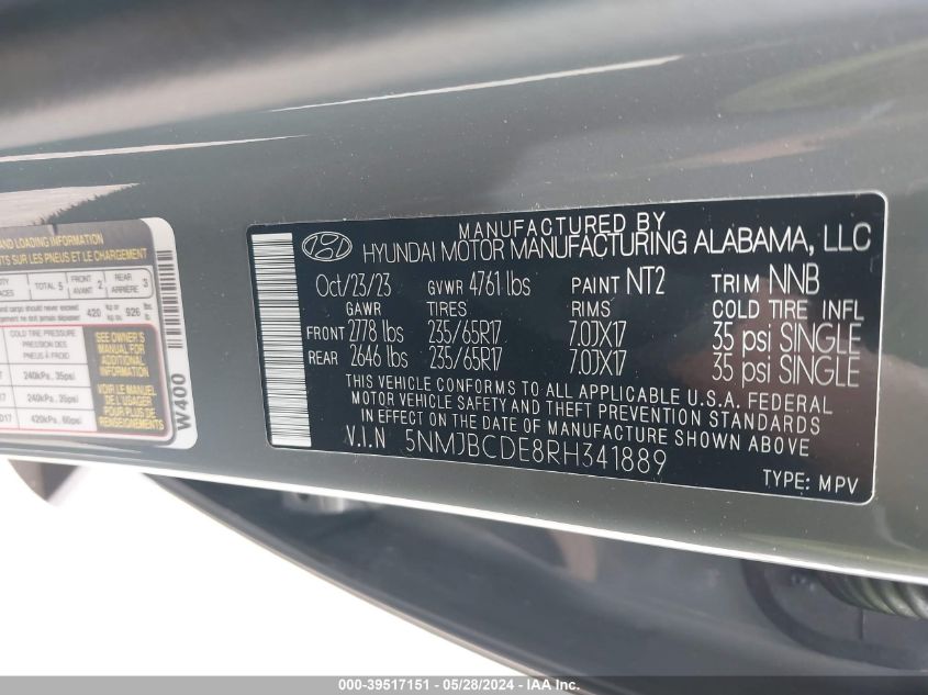 2024 Hyundai Tucson Sel VIN: 5NMJBCDE8RH341889 Lot: 39517151