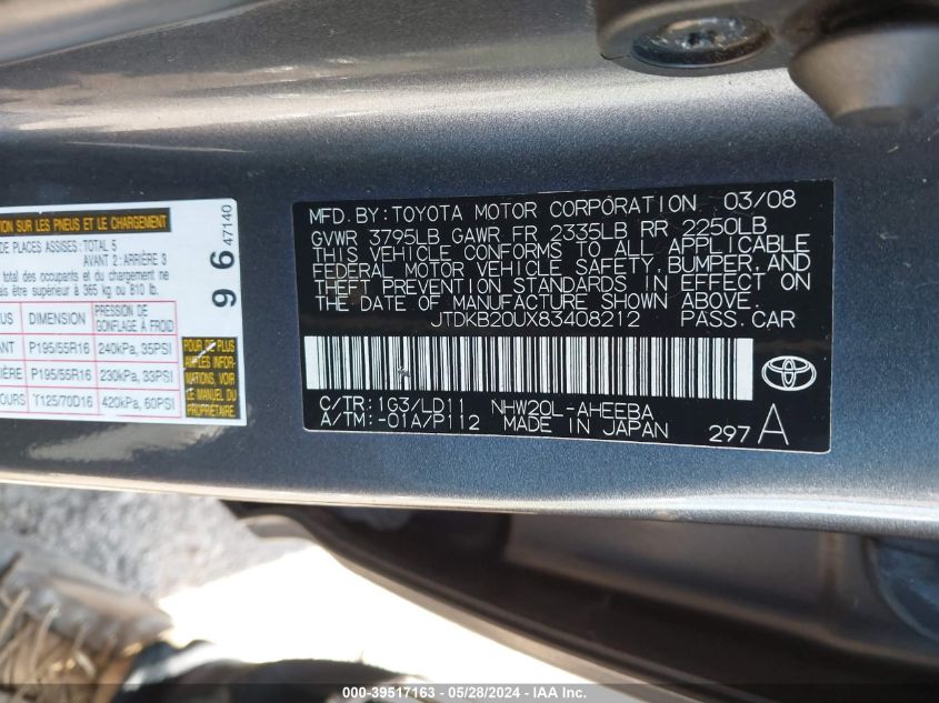 2008 Toyota Prius VIN: JTDKB20UX83408212 Lot: 39517163