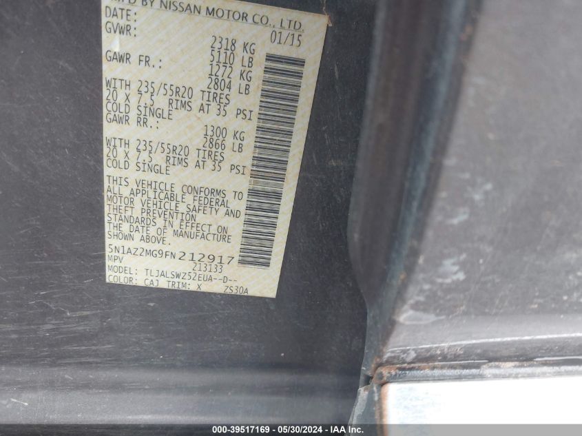 2015 Nissan Murano Platinum VIN: 5N1AZ2MG9FN212917 Lot: 39517169
