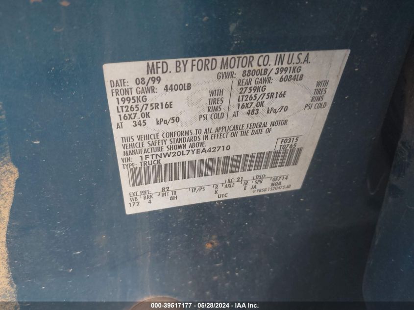 2000 Ford F-250 Lariat/Xl/Xlt VIN: 1FTNW20L7YEA42710 Lot: 39517177