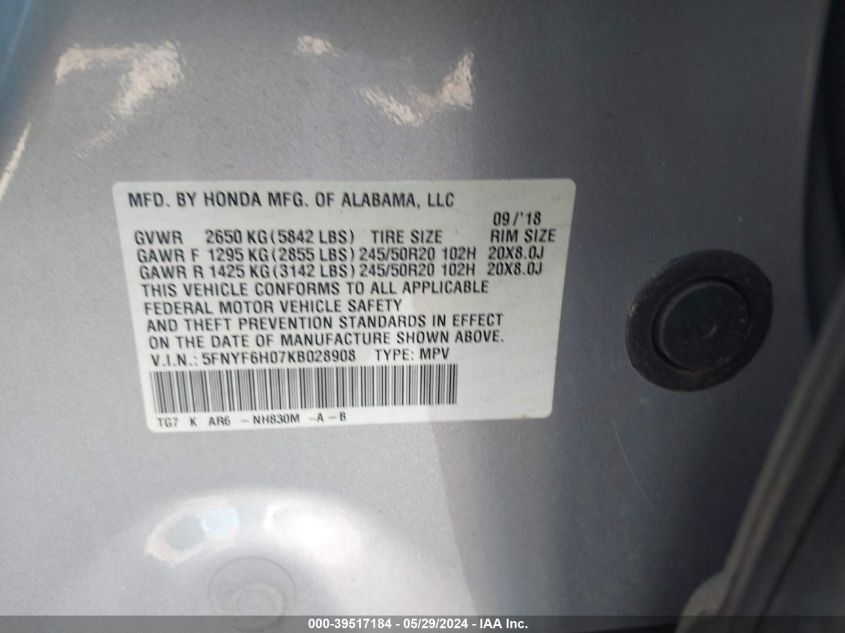 5FNYF6H07KB028908 2019 Honda Pilot Elite