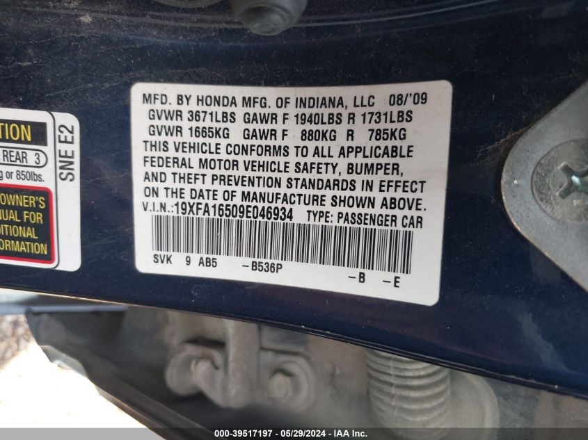 2009 Honda Civic Lx VIN: 19XFA16509E046934 Lot: 39517197