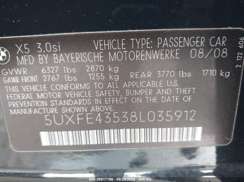 2008 BMW X5 3.0Si VIN: 5UXFE43538L035912 Lot: 39517198