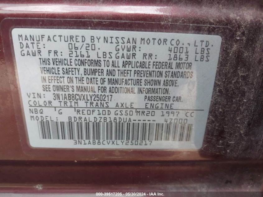 2020 Nissan Sentra Sv Xtronic Cvt VIN: 3N1AB8CVXLY250217 Lot: 39517205