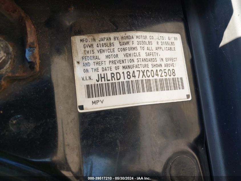 1999 Honda Cr-V Lx VIN: JHLRD1847XC042508 Lot: 39517210