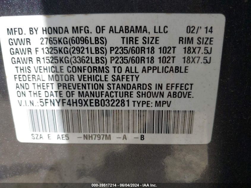 2014 Honda Pilot Touring VIN: 5FNYF4H9XEB032281 Lot: 39517214