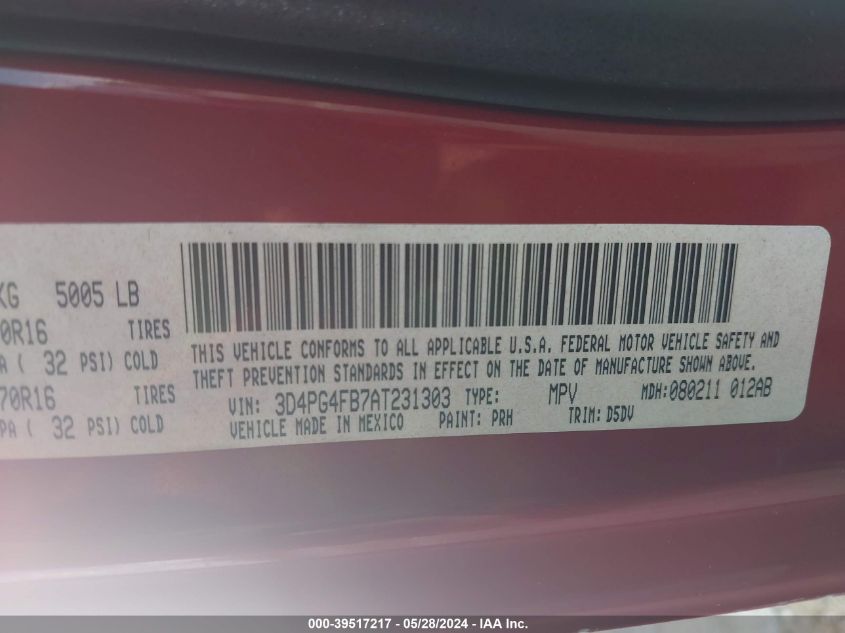 2010 Dodge Journey Se VIN: 3D4PG4FB7AT231303 Lot: 39517217