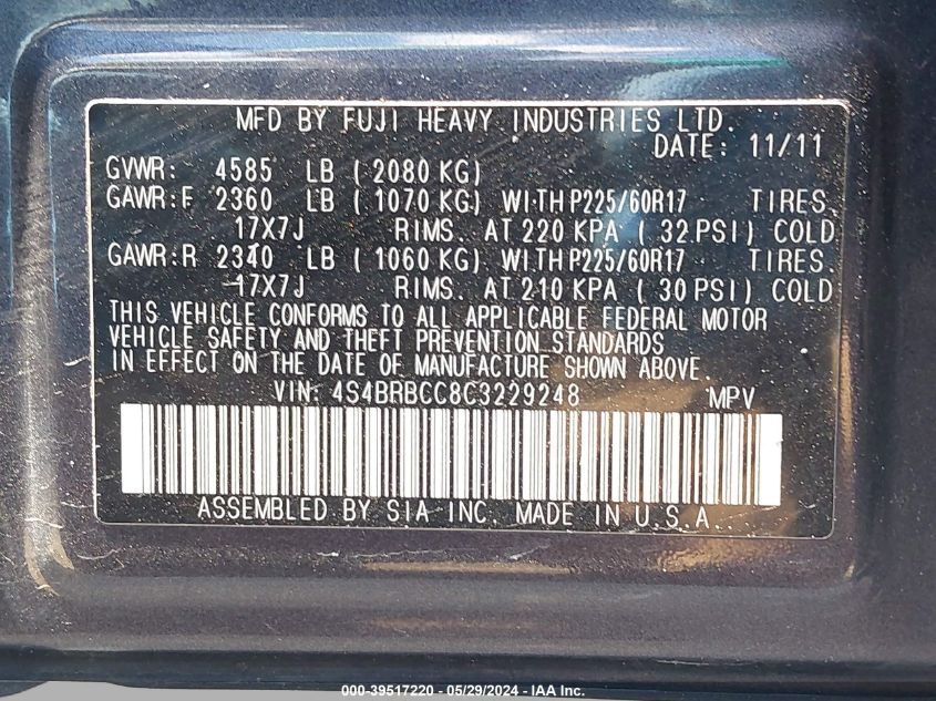 2012 Subaru Outback 2.5I Premium VIN: 4S4BRBCC8C3229248 Lot: 39517220