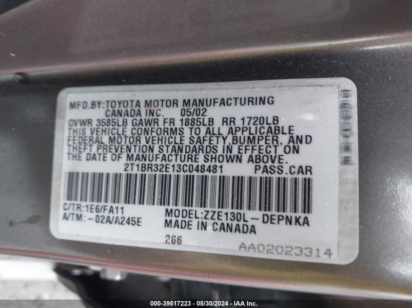2003 Toyota Corolla Le VIN: 2T1BR32E13C048481 Lot: 39517223