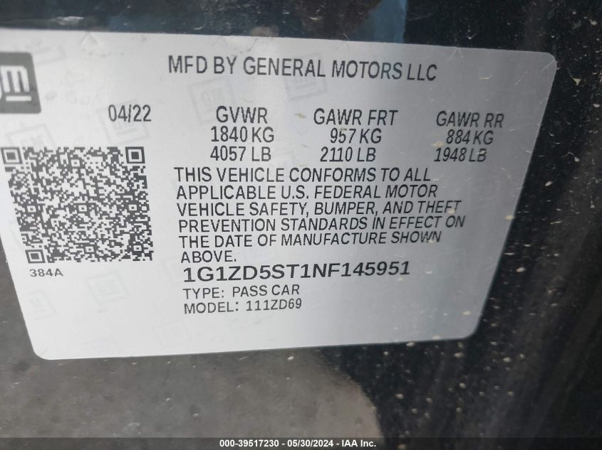2022 Chevrolet Malibu Fwd Lt VIN: 1G1ZD5ST1NF145951 Lot: 39517230