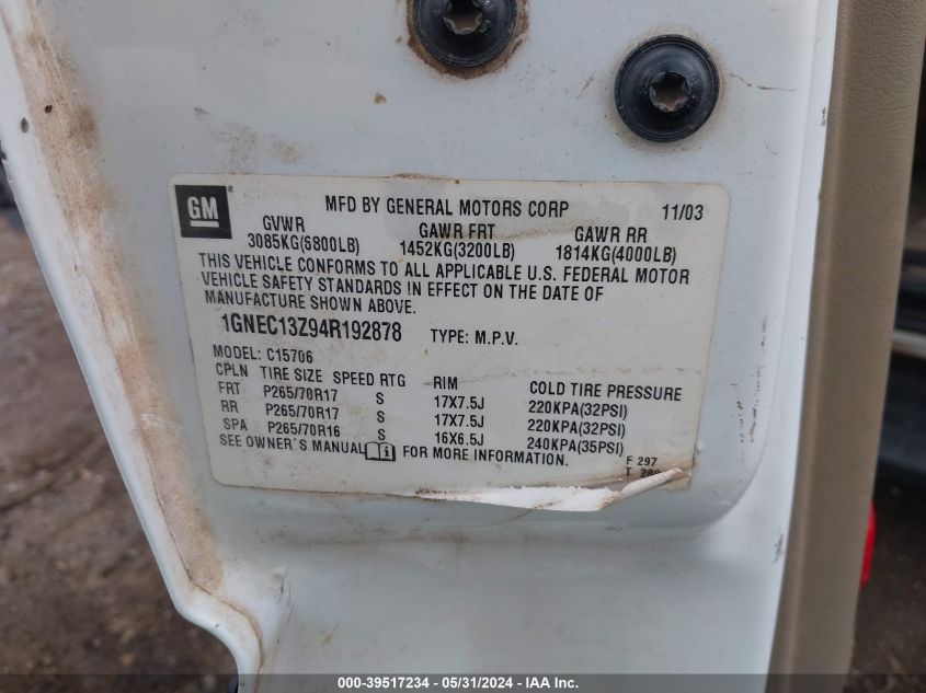 2004 Chevrolet Tahoe Ls VIN: 1GNEC13Z94R192878 Lot: 39517234