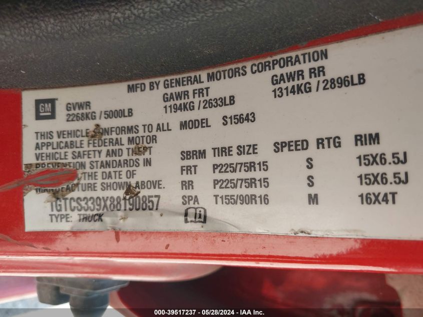 2008 GMC Canyon Sle1 VIN: 1GTCS339X88190857 Lot: 39517237