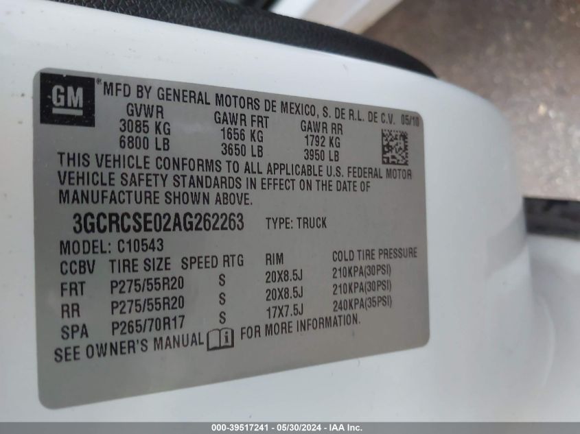 2010 Chevrolet Silverado 1500 Lt VIN: 3GCRCSE02AG262263 Lot: 39517241