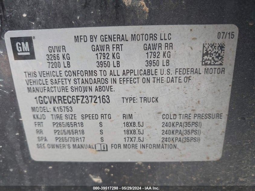 2015 Chevrolet Silverado 1500 1Lt VIN: 1GCVKREC6FZ372163 Lot: 39517298