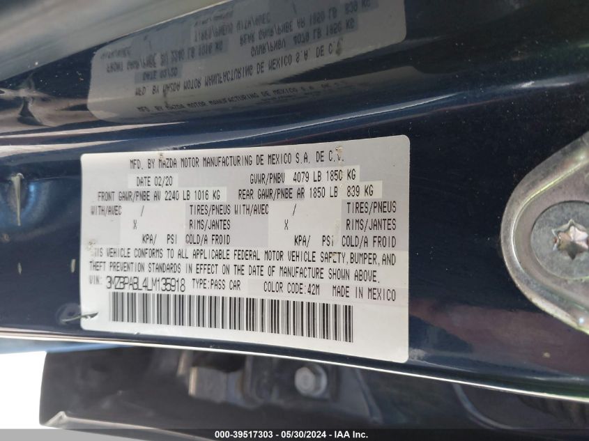 2020 Mazda Mazda3 VIN: 3MZBPABL4LM135918 Lot: 39517303