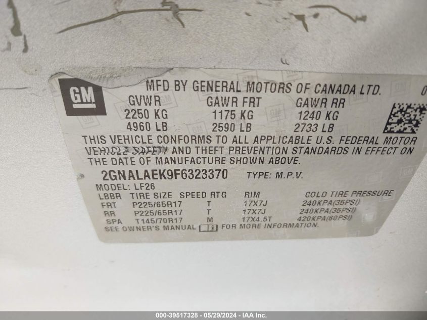 2015 Chevrolet Equinox Ls VIN: 2GNALAEK9F6323370 Lot: 39517328