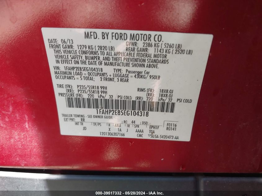 2014 Ford Taurus Sel VIN: 1FAHP2E85EG104318 Lot: 39517332