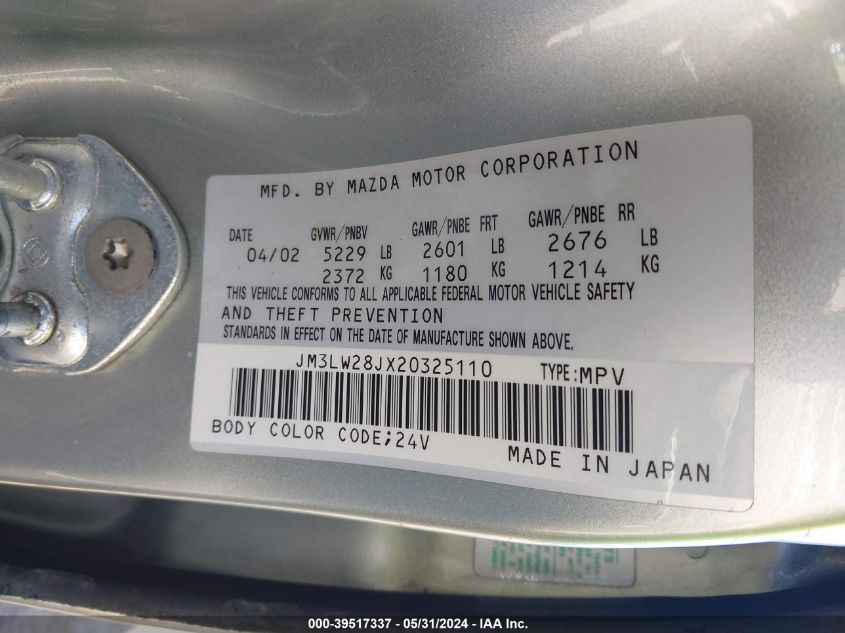 2002 Mazda Mpv Es/Lx VIN: JM3LW28JX20325110 Lot: 39517337