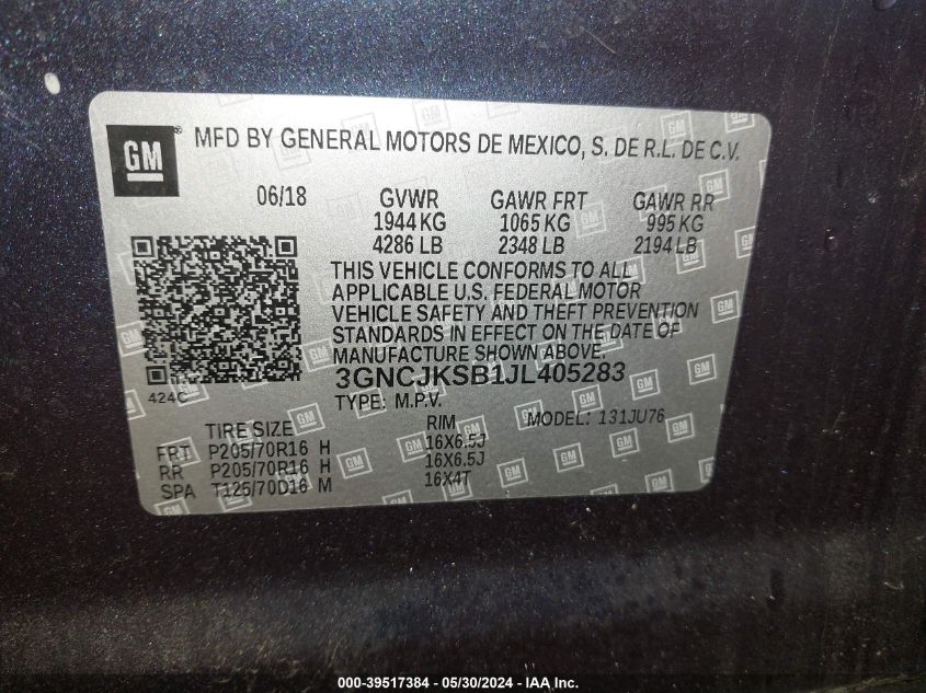 2018 Chevrolet Trax Ls VIN: 3GNCJKSB1JL405283 Lot: 39517384