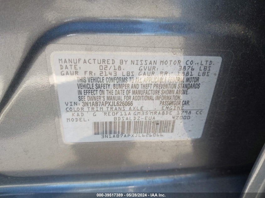 2018 Nissan Sentra Sv VIN: 3N1AB7APXJL626066 Lot: 39517389