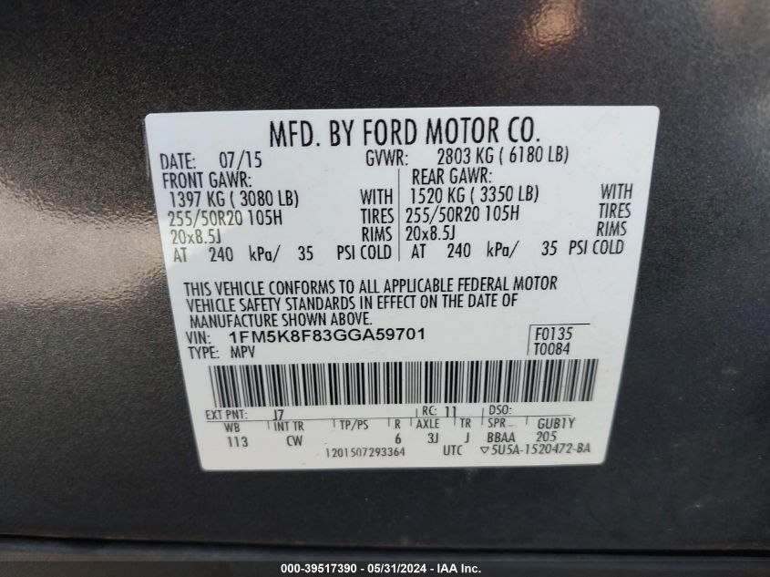 2016 Ford Explorer Limited VIN: 1FM5K8F83GGA59701 Lot: 39517390