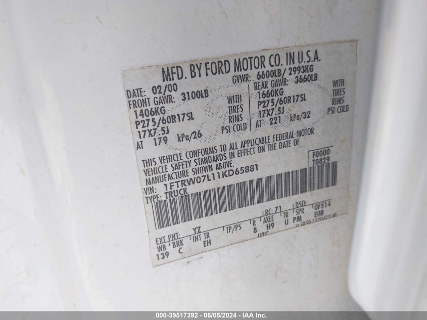2001 Ford F-150 Harley-Davidson Edition/King Ranch Edition/Lariat/Xlt VIN: 1FTRW07L11KD65881 Lot: 39517392
