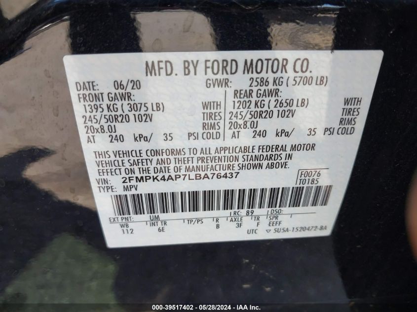 2020 Ford Edge St VIN: 2FMPK4AP7LBA76437 Lot: 39517402
