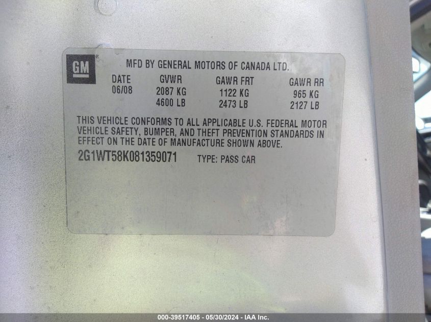 2008 Chevrolet Impala Lt VIN: 2G1WT58K081359071 Lot: 39517405