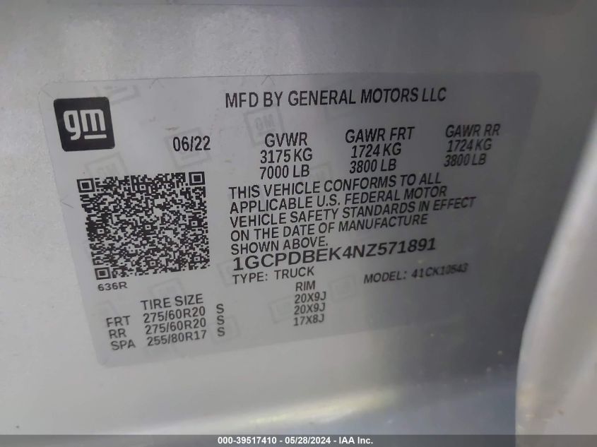 2022 Chevrolet Silverado 1500 4Wd Short Bed Custom VIN: 1GCPDBEK4NZ571891 Lot: 39517410