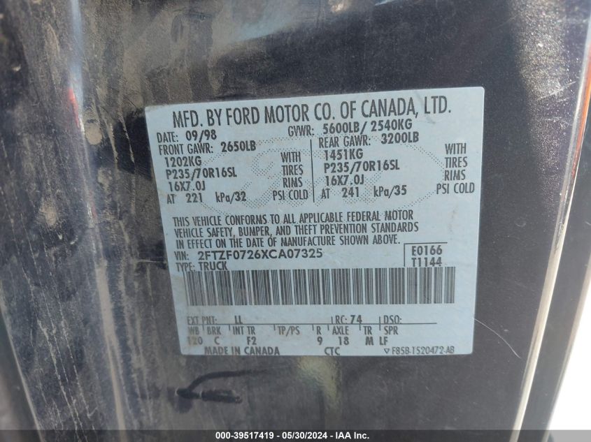 1999 Ford F-150 Xl/Xlt VIN: 2FTZF0726XCA07325 Lot: 39517419