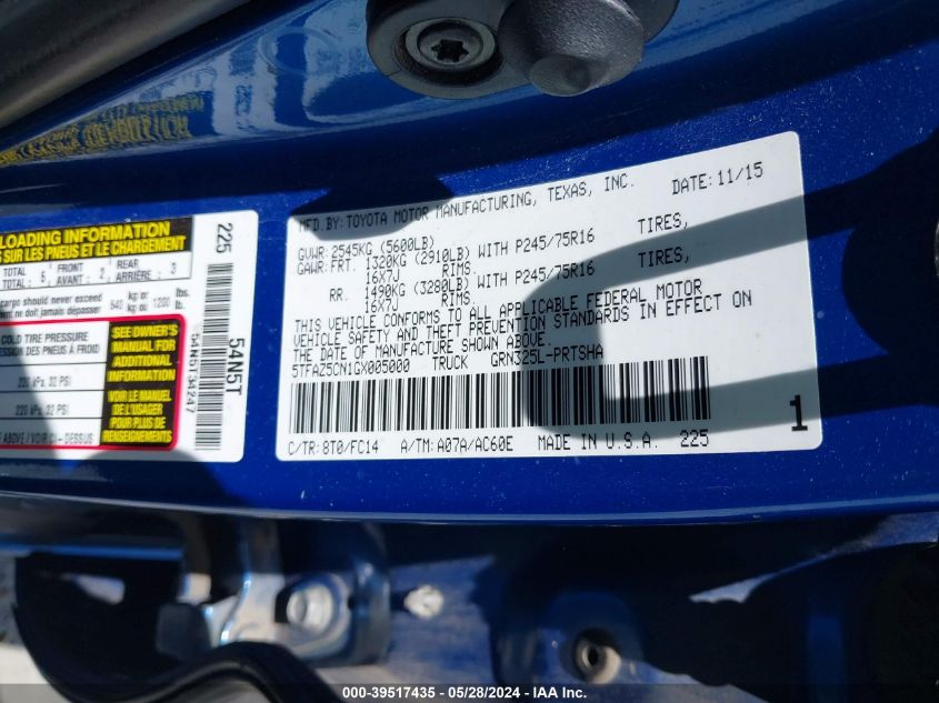 2016 Toyota Tacoma Sr5 V6 VIN: 5TFAZ5CN1GX005000 Lot: 39517435