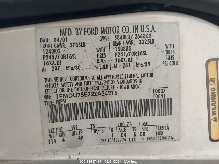 2002 Ford Explorer Limited VIN: 1FMDU75E22ZA24216 Lot: 39517437