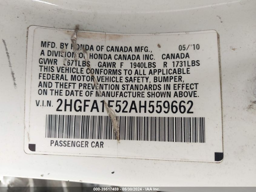 2010 Honda Civic Lx VIN: 2HGFC1F52AH559662 Lot: 39517459