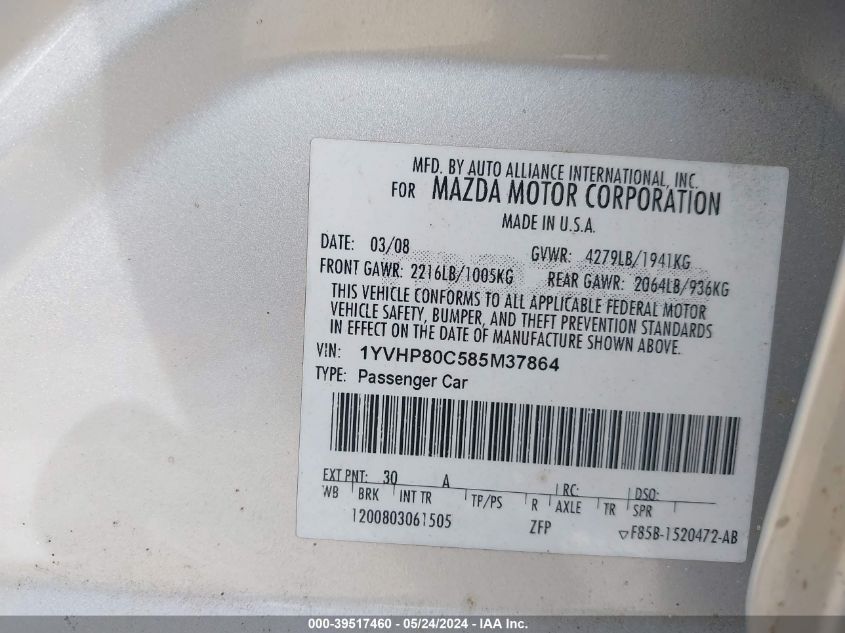 2008 Mazda Mazda6 I Sport Ve VIN: 1YVHP80C585M37864 Lot: 39517460
