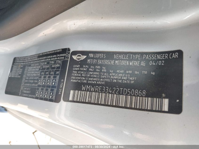2002 Mini Cooper S VIN: WMWRE33422TD50868 Lot: 39517473