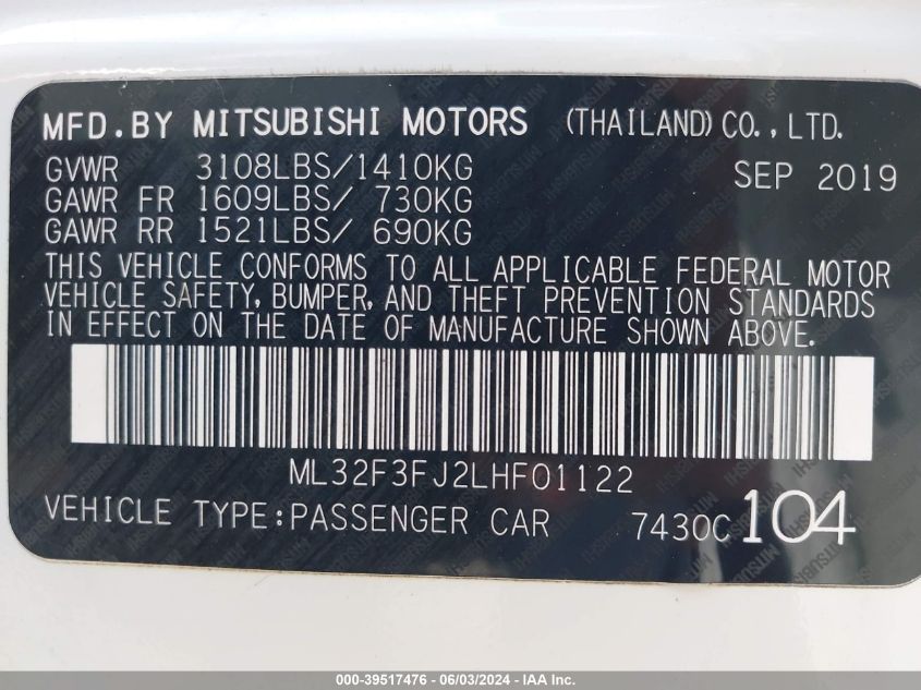 2020 Mitsubishi Mirage G4 Es VIN: ML32F3FJ2LHF01122 Lot: 39517476