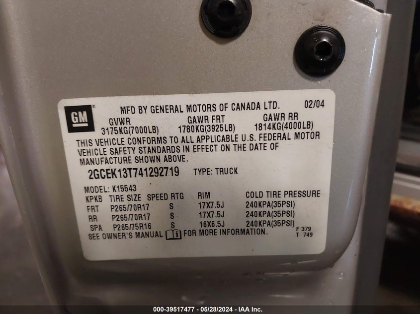 2004 Chevrolet Silverado 1500 Z71 VIN: 2GCEK13T741292719 Lot: 39517477