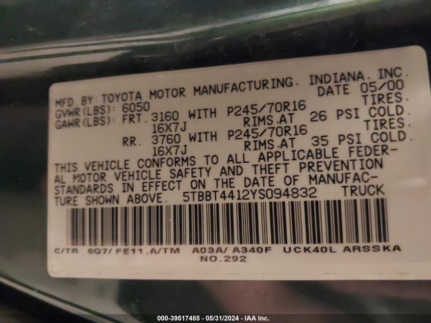 2000 Toyota Tundra Sr5 V8 VIN: 5TBBT4412YS094832 Lot: 39517485