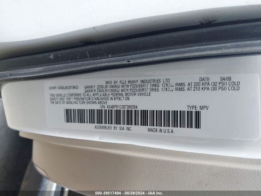 2008 Subaru Outback 2.5I/2.5I L.l. Bean Edition VIN: 4S4BP61C087366264 Lot: 39517494