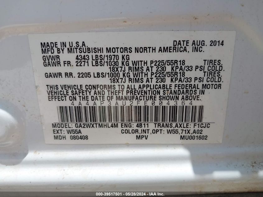 2015 Mitsubishi Outlander Sport Es VIN: 4A4AP3AU2FE004364 Lot: 39517501