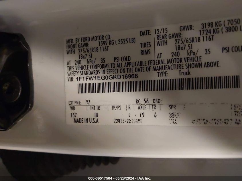 2016 Ford F-150 Xlt VIN: 1FTFW1EG0GKD16968 Lot: 39517504
