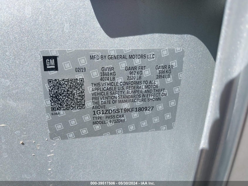 2019 Chevrolet Malibu Lt VIN: 1G1ZD5ST9KF180927 Lot: 39517506