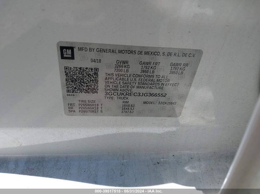 2018 Chevrolet Silverado 1500 2Lt VIN: 3GCUKREC3JG366552 Lot: 39517515